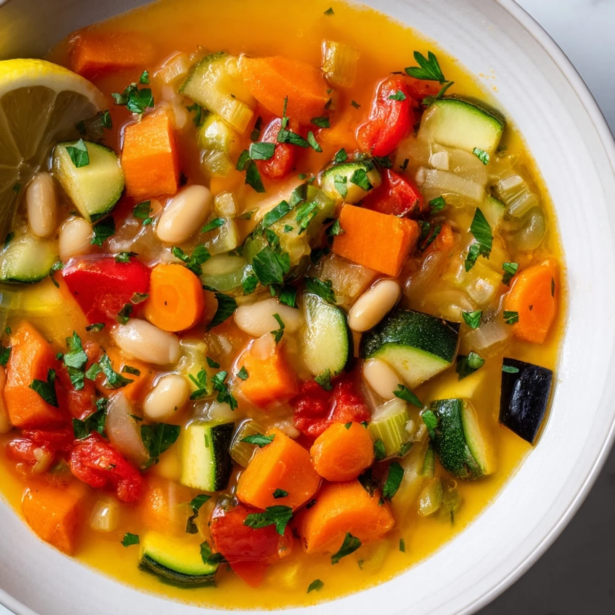 Steaming bowl of Mediterranean Soup topped with fresh parsley and a lemon wedge
