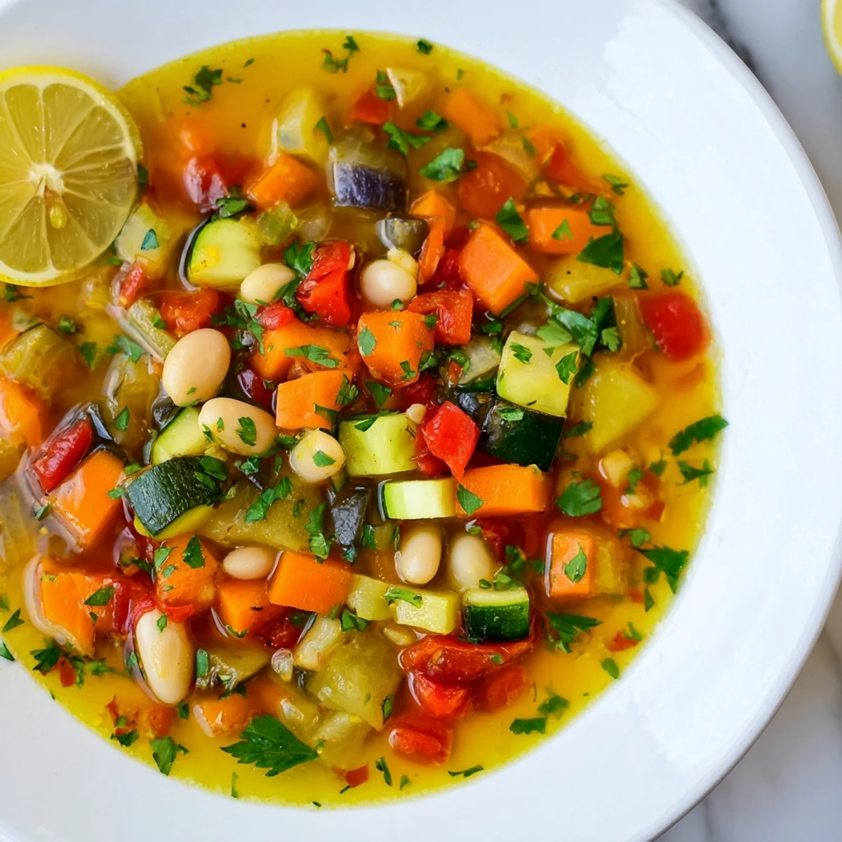 Colorful Mediterranean Soup brimming with tender vegetables and creamy white beans in a rustic bowl