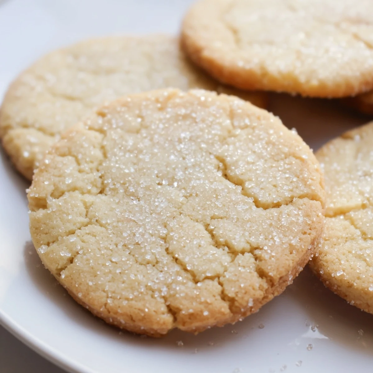Classic sugar cookies arranged on a white plate with sparkling sugar tops