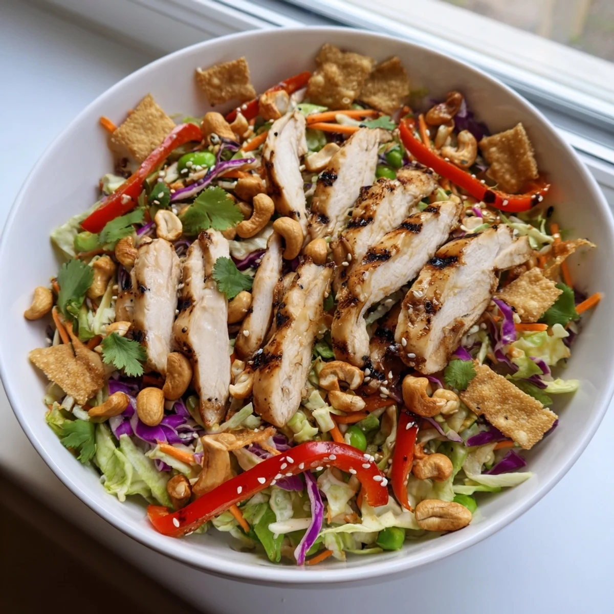 Crunchy chicken cashew crunch salad loaded with colorful vegetables and roasted cashews in a bowl