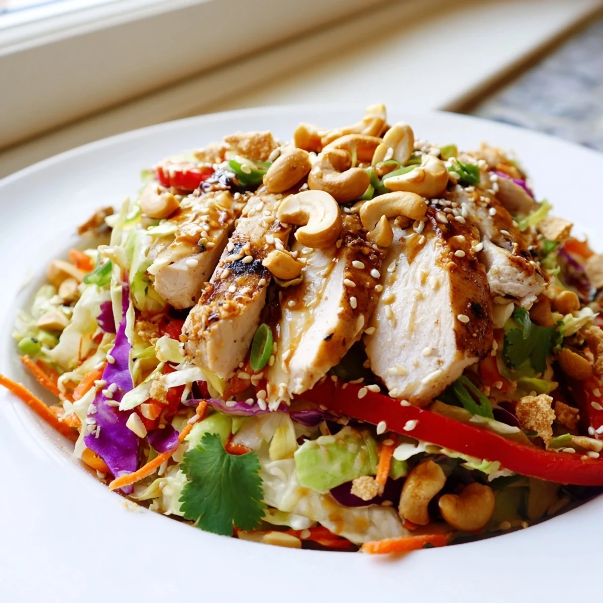 Golden sliced chicken over chicken cashew crunch salad with purple cabbage and sesame dressing