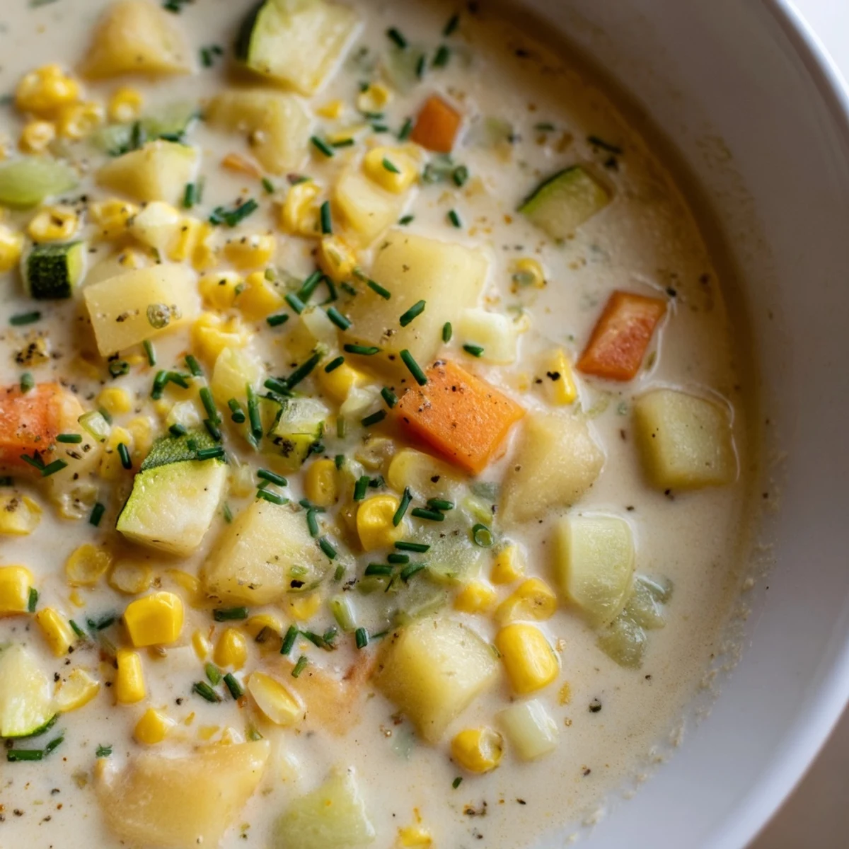 Creamy summer corn zucchini chowder topped with fresh chives in a rustic bowl