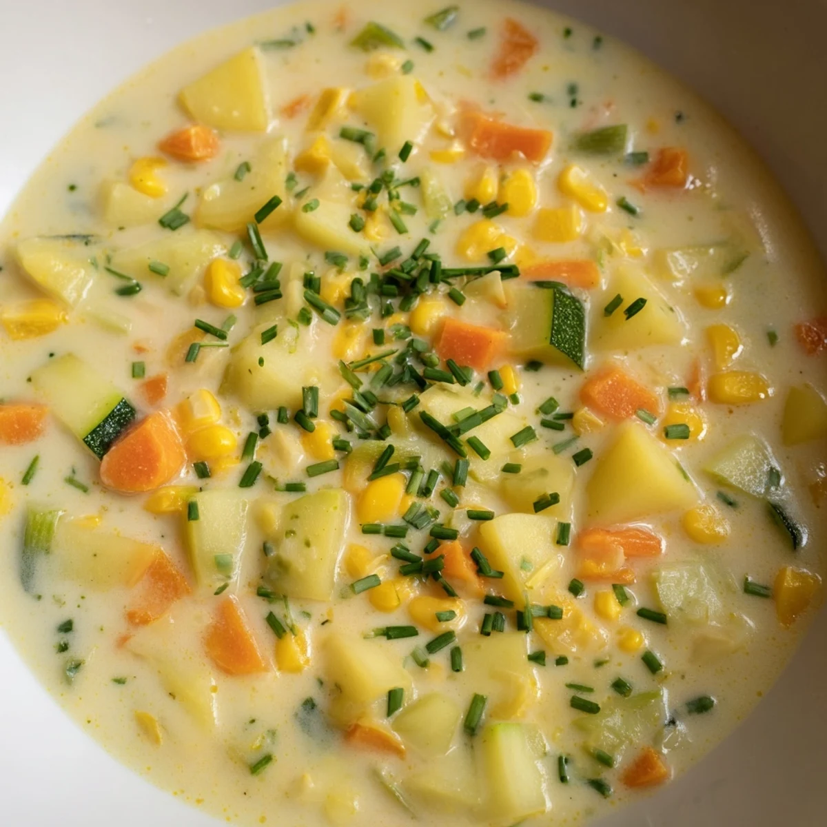Steaming bowl of summer corn zucchini chowder loaded with sweet kernels and diced vegetables