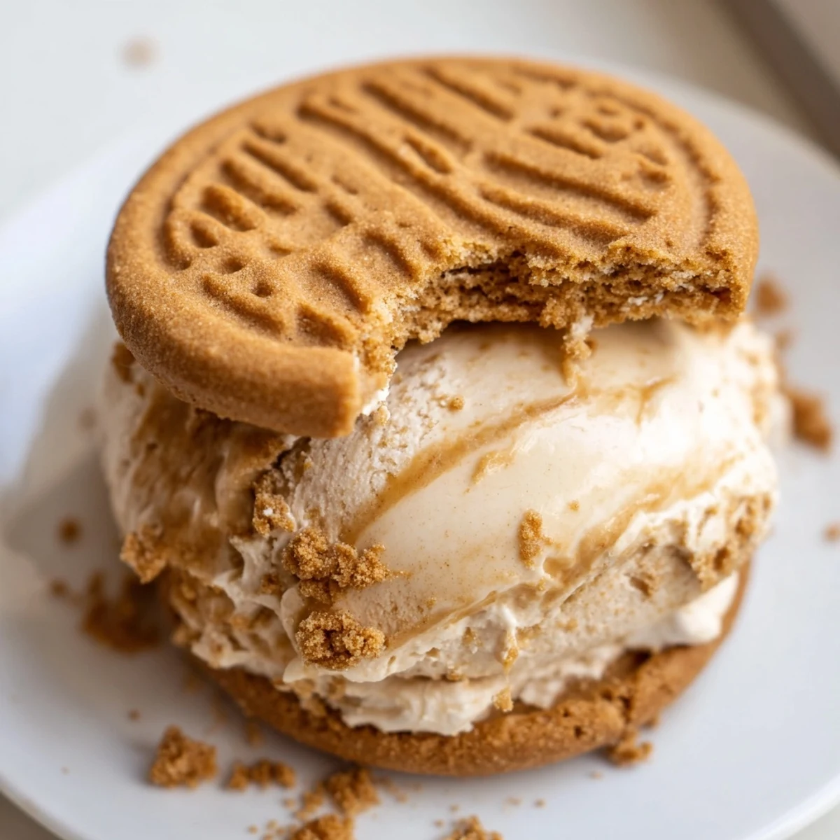 Creamy Biscoff ice cream sandwiches with spiced cookie edges dusted in crumbs