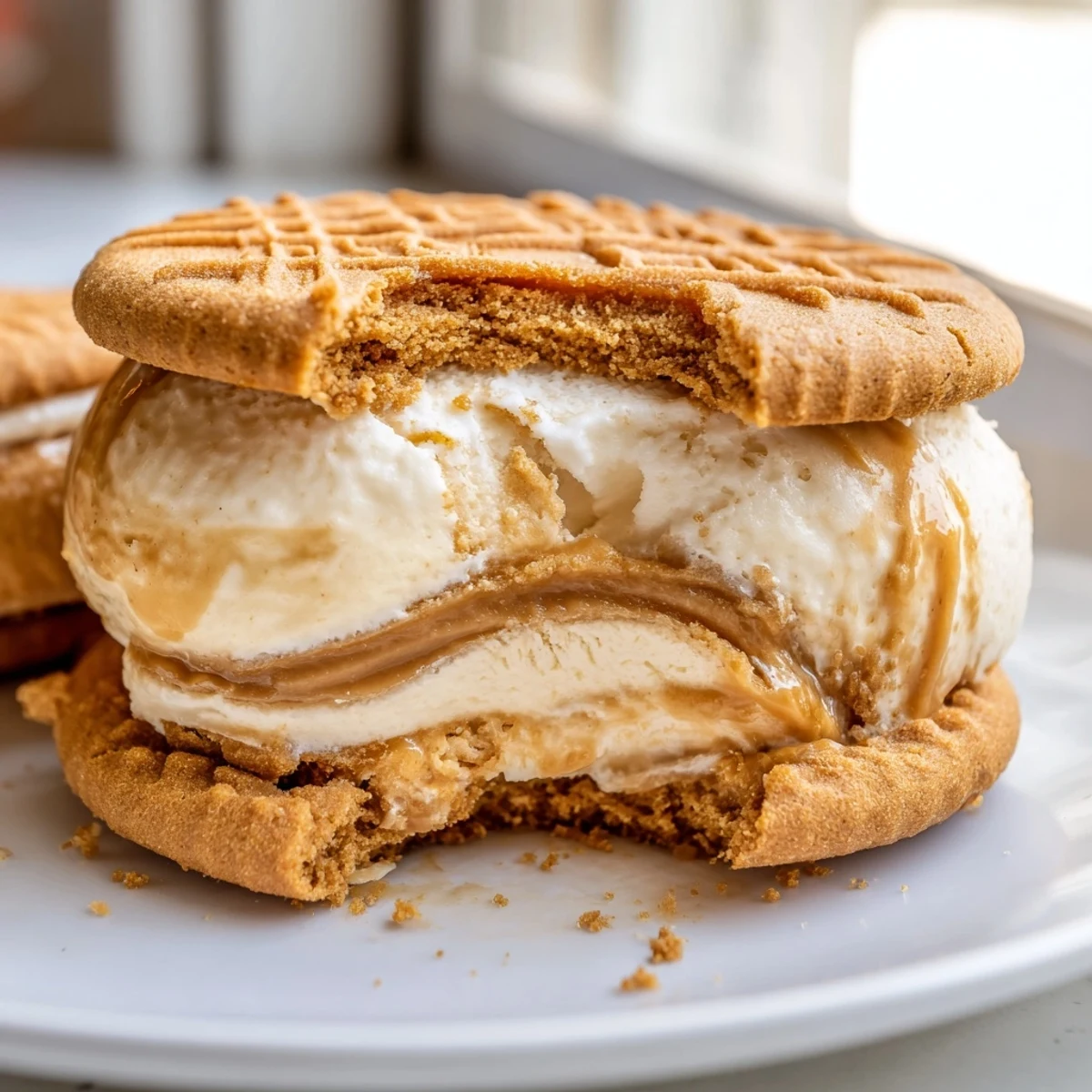 Golden Biscoff ice cream sandwiches stacked on a rustic wooden serving board
