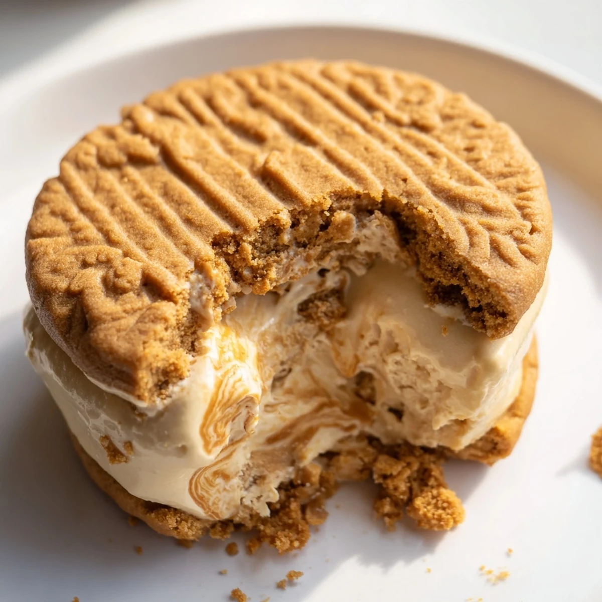 Thick vanilla Biscoff ice cream sandwiches oozing with caramel spiced cookie filling
