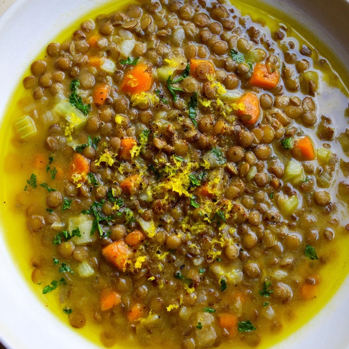 A steaming bowl of lemon lentil soup topped with fresh parsley and golden olive oil drizzle