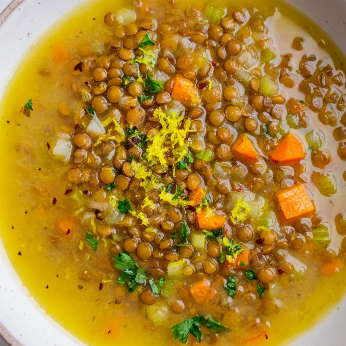 Vibrant yellow lemon lentil soup garnished with parsley leaves in a cozy white ceramic bowl