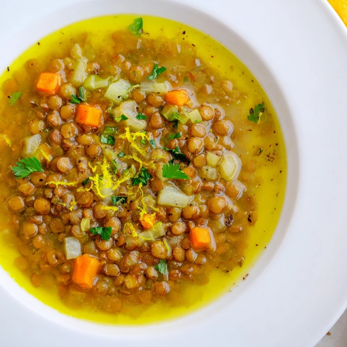 Creamy lemon lentil soup served in a rustic bowl with crusty bread on the side
