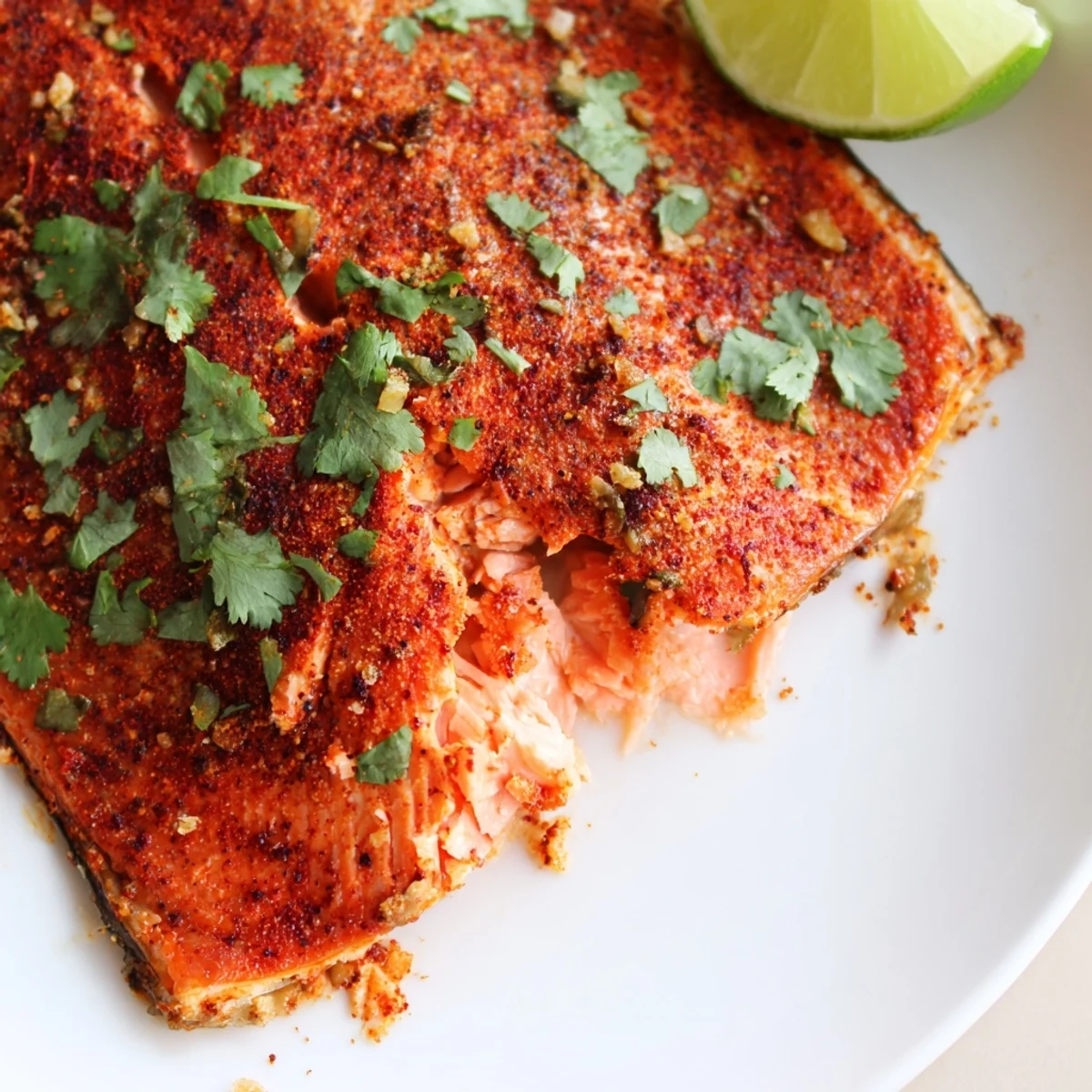 Golden chili lime baked trout fillets garnished with fresh cilantro and lime wedges on a parchment-lined baking sheet