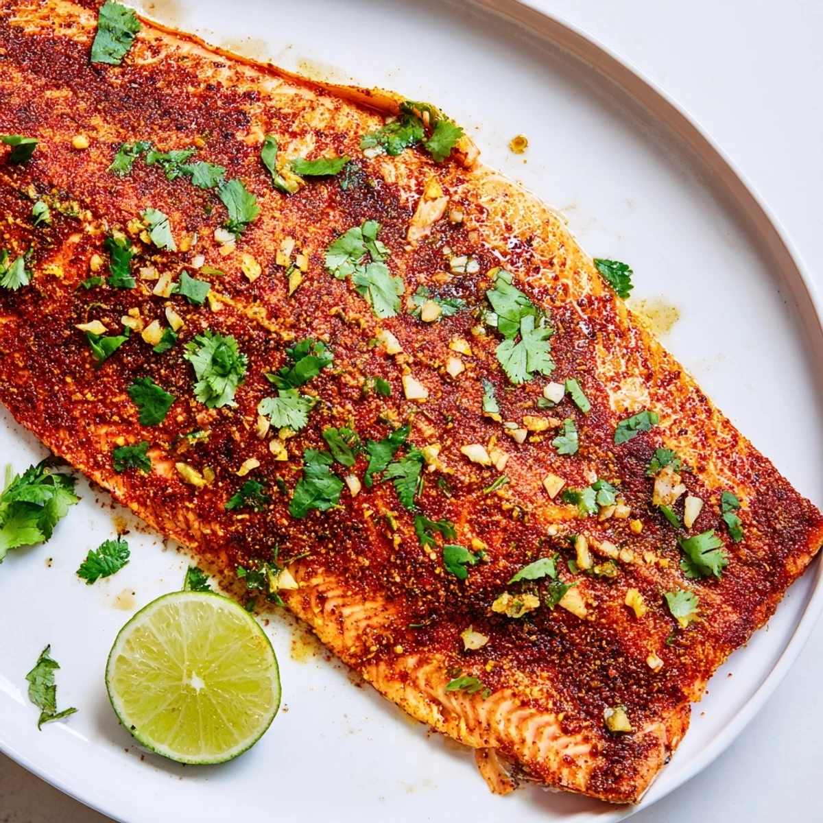Tender chili lime baked trout with a spicy citrus glaze, served on a white plate with colorful sides