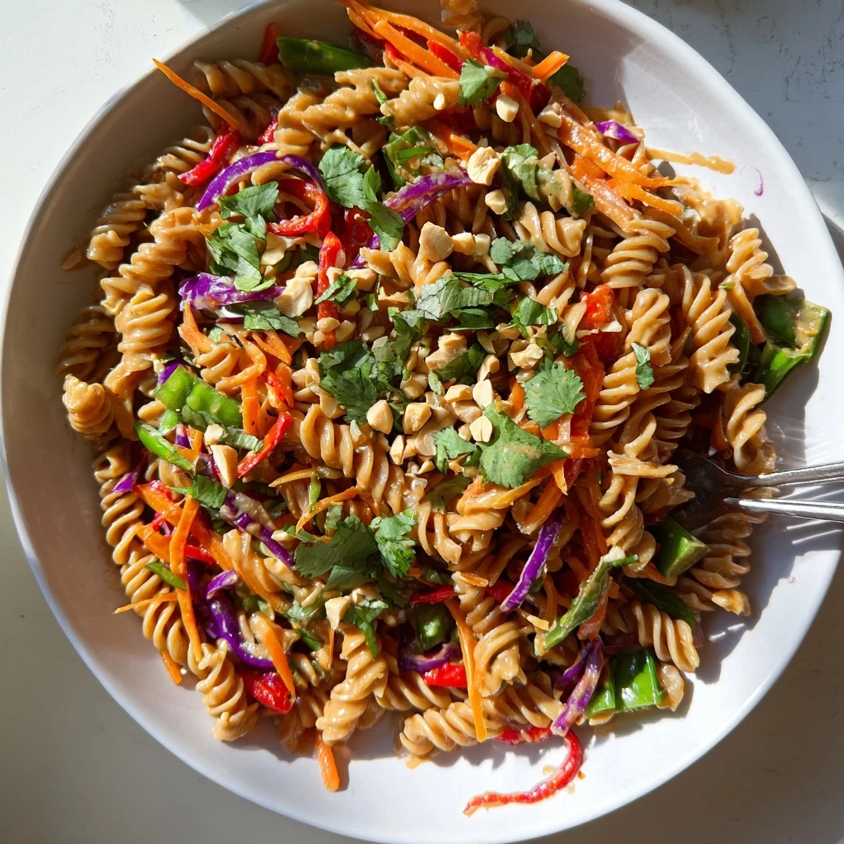 A vibrant spicy Thai pasta salad topped with crushed peanuts and fresh cilantro