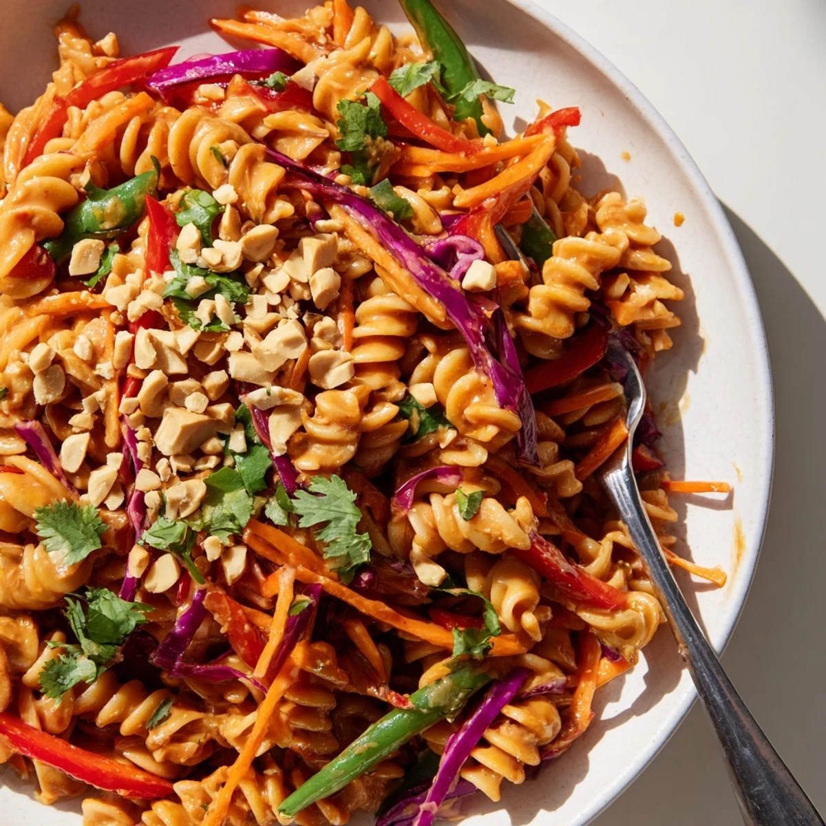 Colorful spicy Thai pasta salad tossed in a creamy sriracha peanut dressing