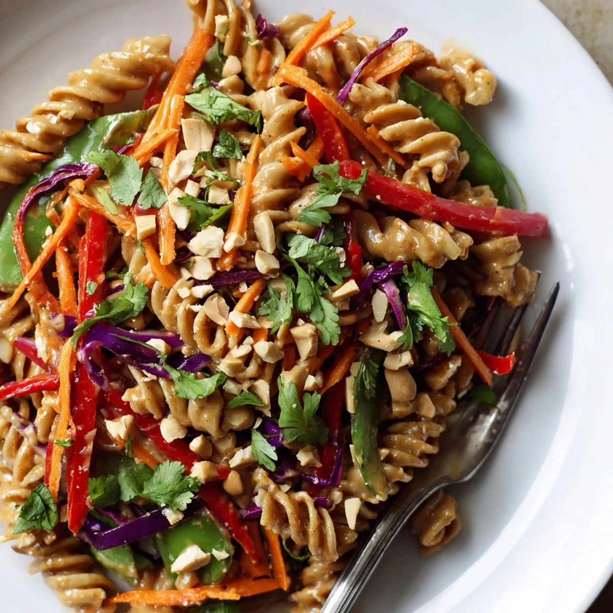 A bright bowl of spicy Thai pasta salad with crisp vegetables and lime wedge
