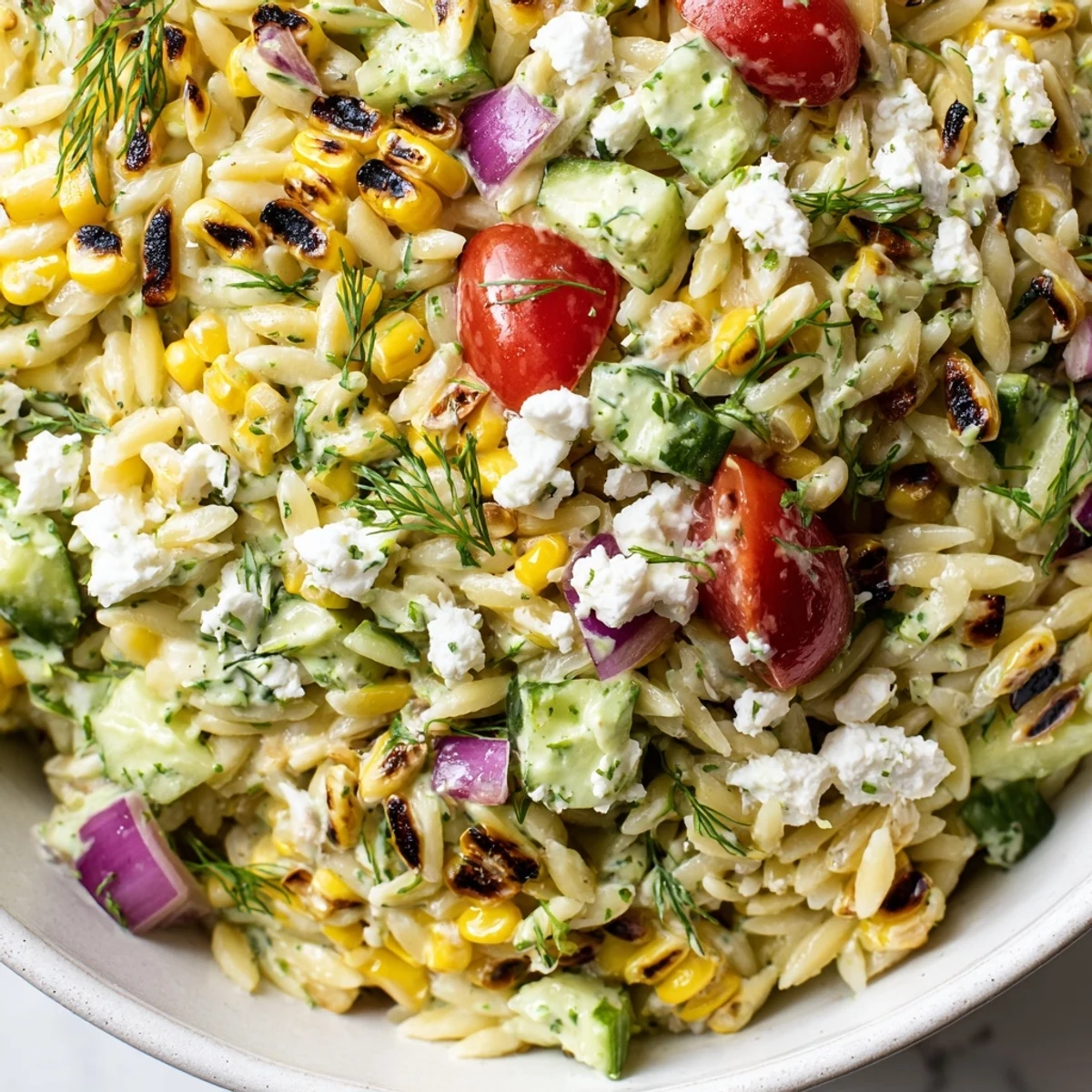 Smoky grilled corn orzo salad tossed in a vibrant green herb dressing