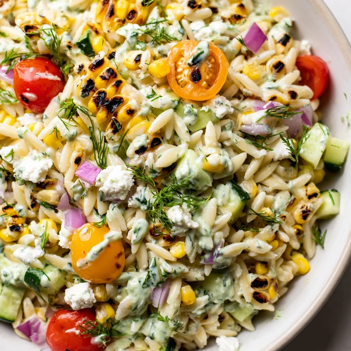Creamy grilled corn orzo salad topped with feta cheese and fresh herbs