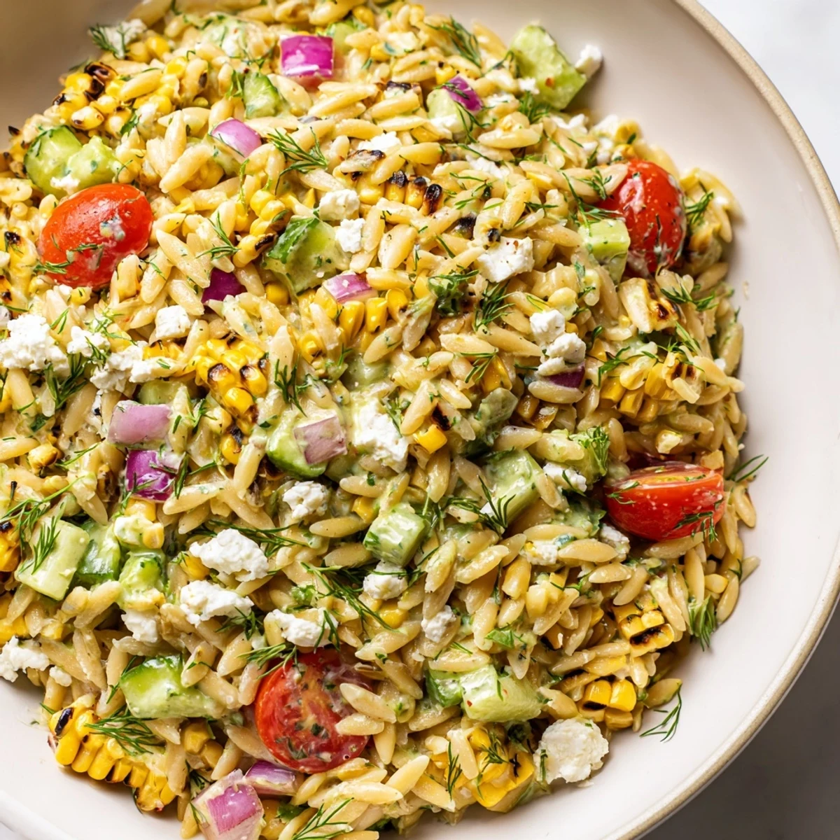 Colorful grilled corn orzo salad served in a bowl with cherry tomatoes