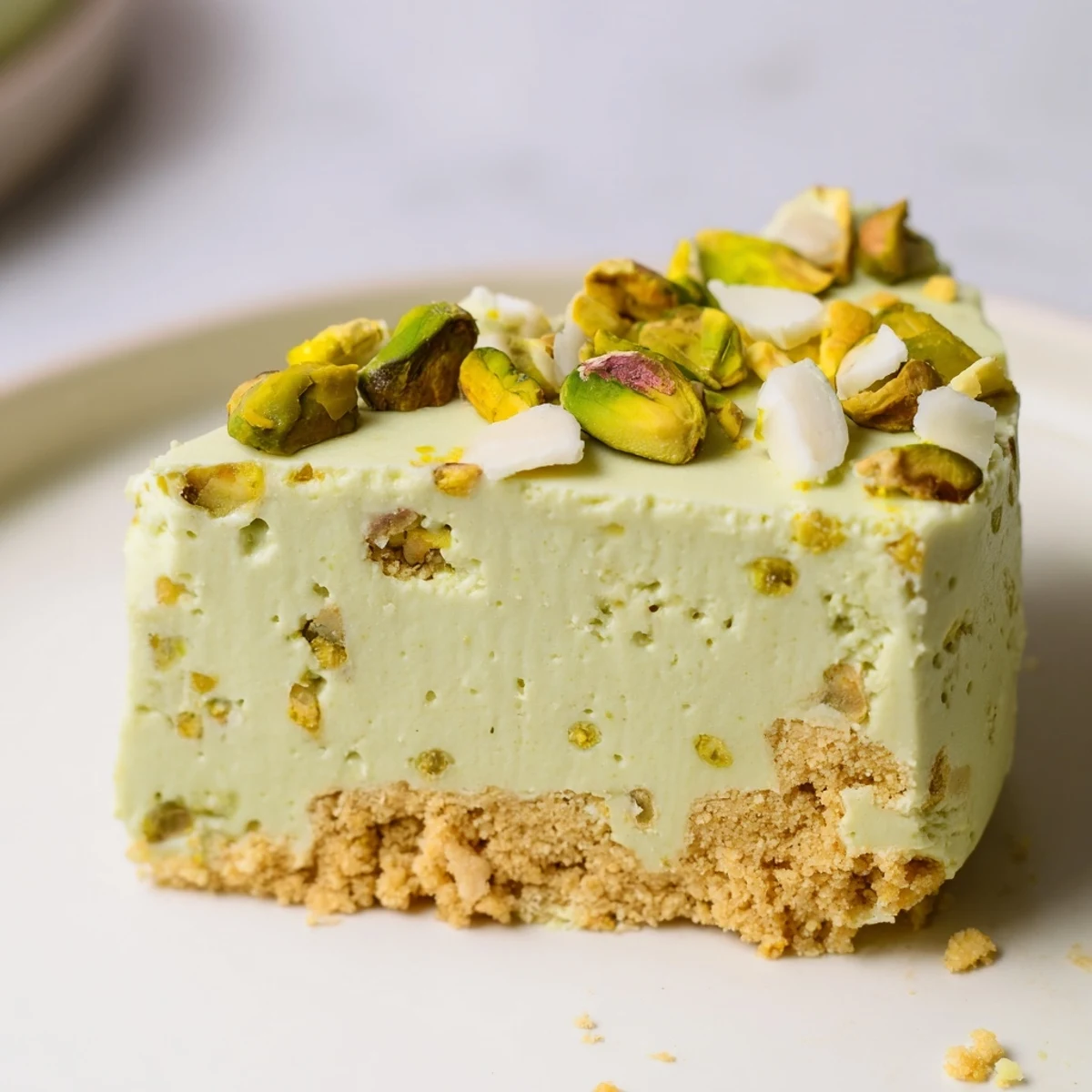 Creamy no bake pistachio cheesecake with a golden buttery graham cracker crust