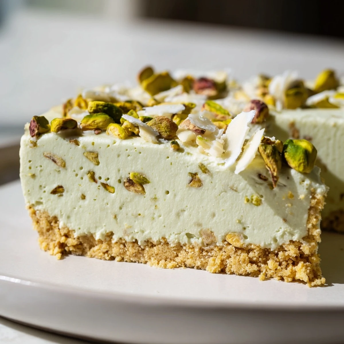 Velvety no bake pistachio cheesecake slice topped with roughly chopped green pistachios
