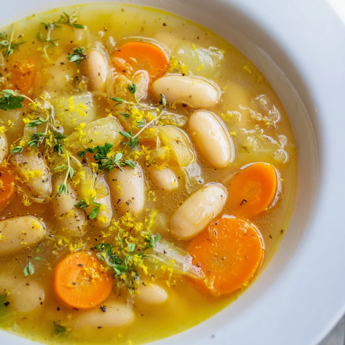 Warm bowls of brothy carrot butter bean soup topped with fresh parsley and lemon zest