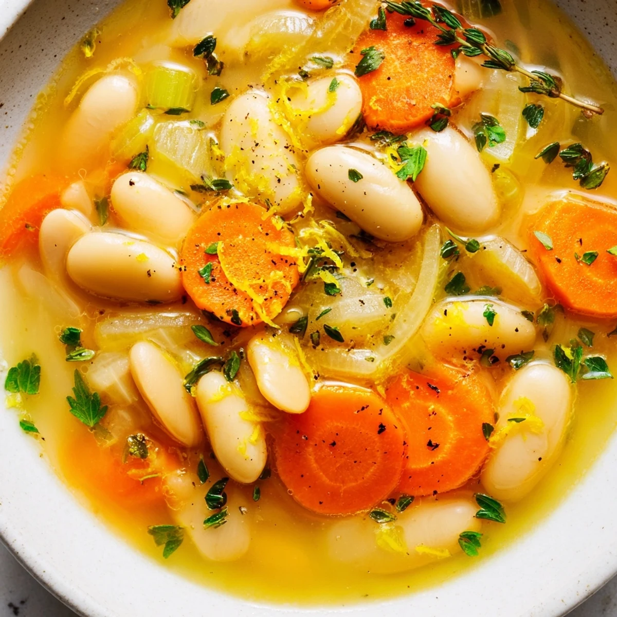 Creamy butter beans and tender sliced carrots simmer in a golden vegetable broth