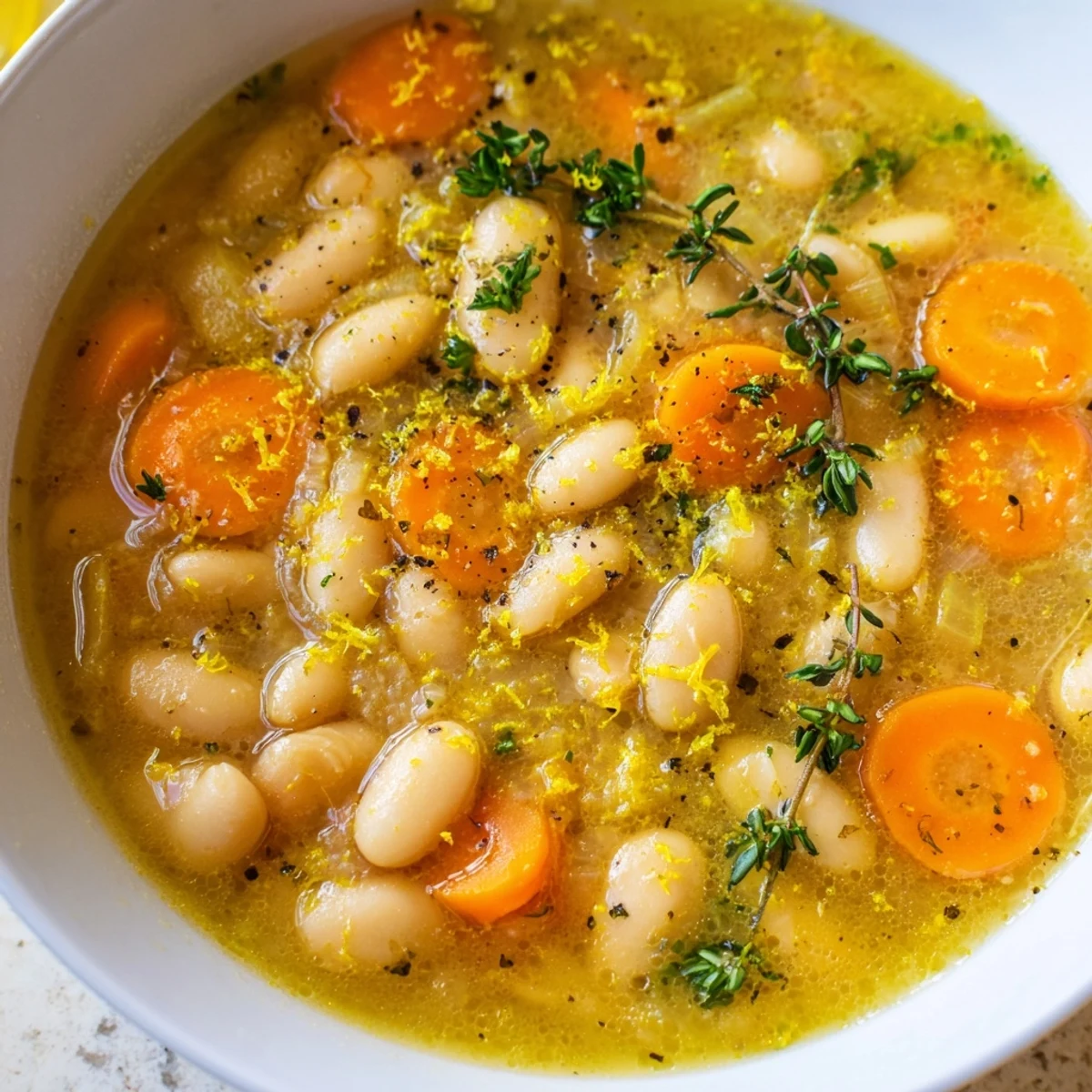 Steaming ladlefuls of brothy carrot butter bean soup served with crusty bread for dipping