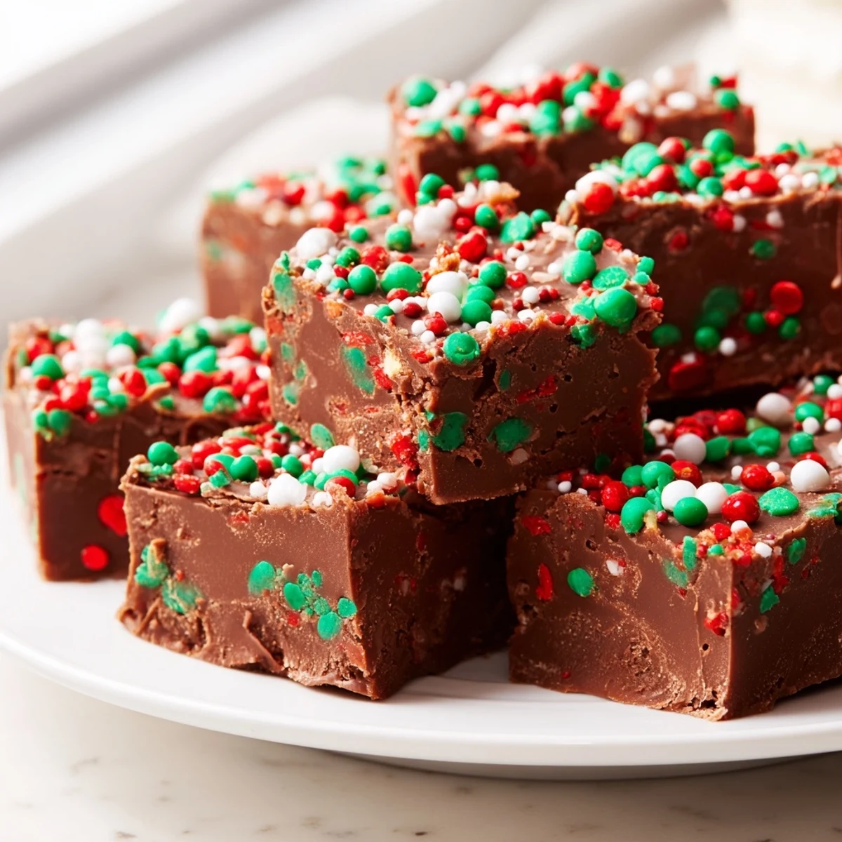 Creamy Christmas fudge with sprinkles sliced into neat squares on a parchment-lined board