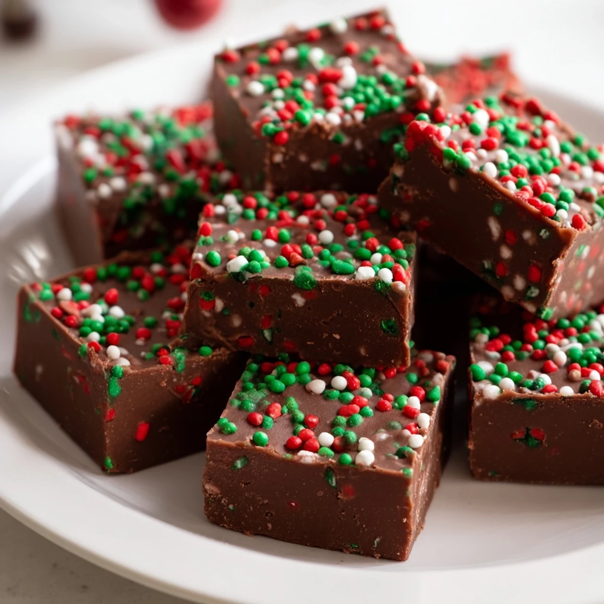 Rich chocolate Christmas fudge with sprinkles glistening under soft holiday kitchen lighting