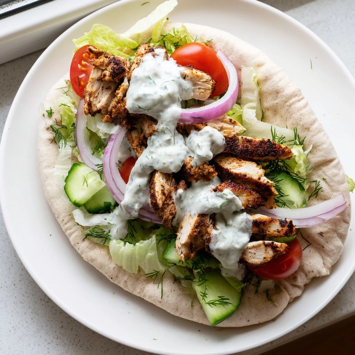 Warm flavor packed chicken pitas with crisp veggies and creamy yogurt sauce drizzled on top