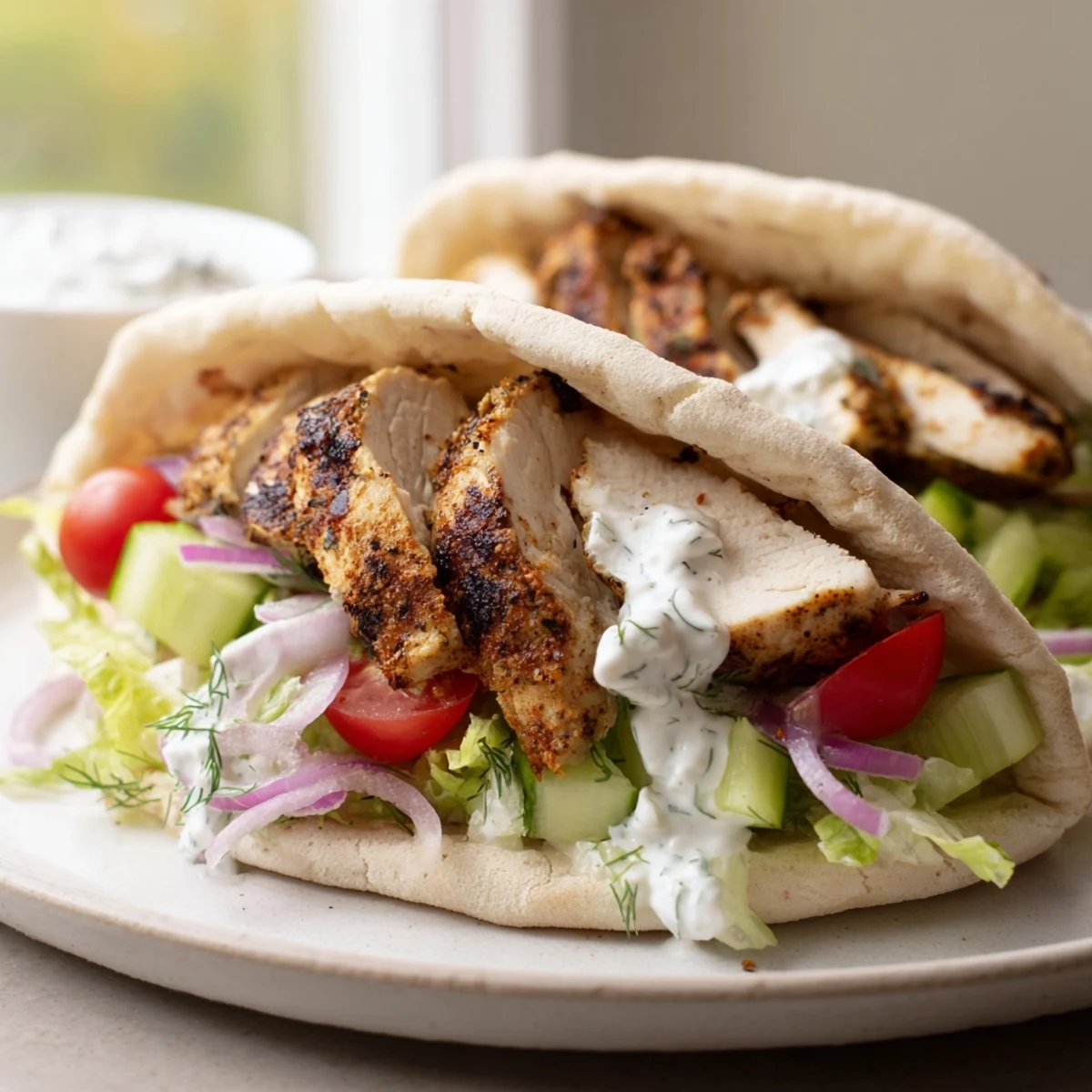 Golden charred flavor packed chicken pitas loaded with romaine tomatoes and herb yogurt drizzle