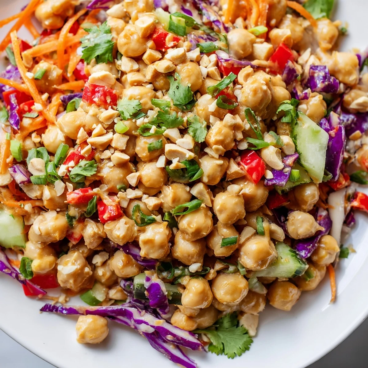 Vibrant Crunchy Thai chickpea salad served in a bowl with zesty peanut drizzle