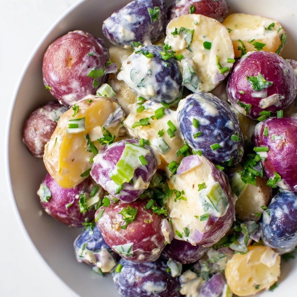 A vibrant bowl of red white and blue potato salad tossed with fresh herbs and creamy dressing