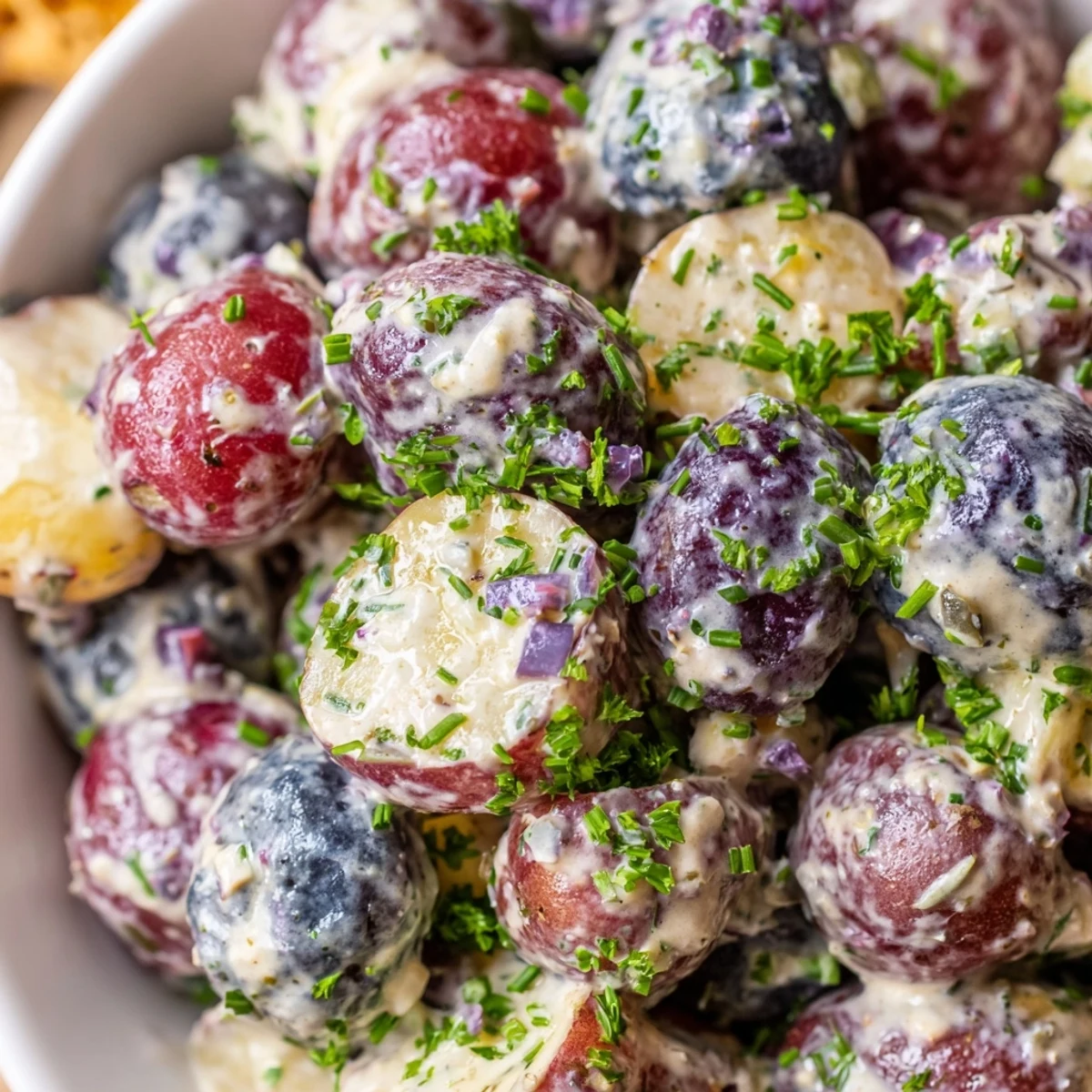 Festive red white and blue potato salad served in a rustic bowl garnished with fresh herbs