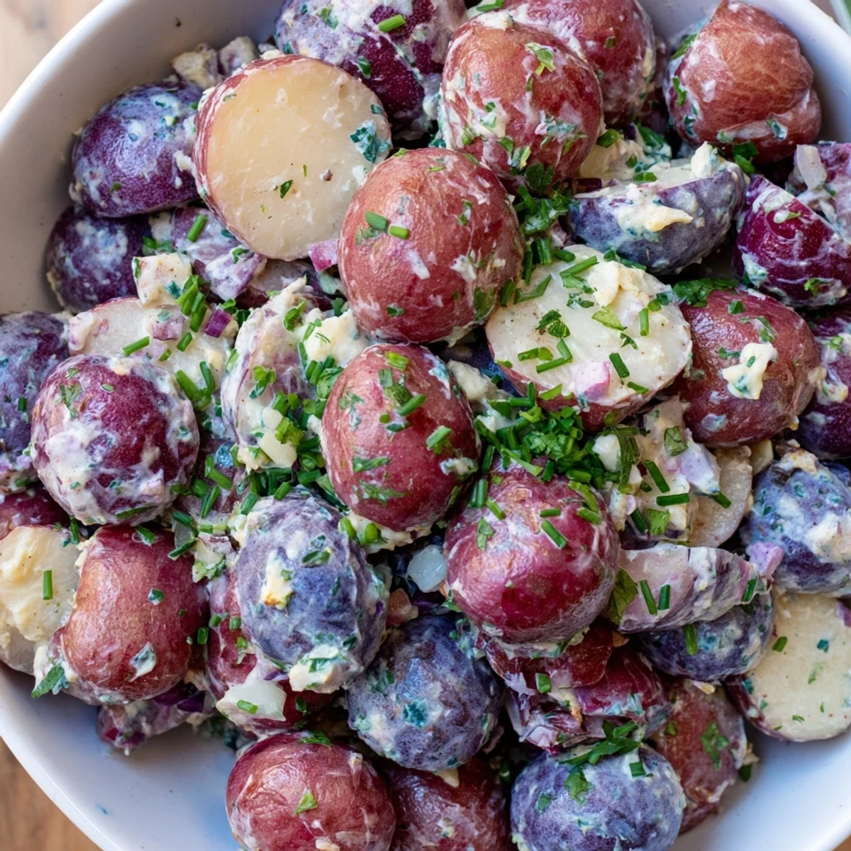 Colorful tri-color potatoes coated in tangy Dijon mayo dressing topped with snipped chives and parsley