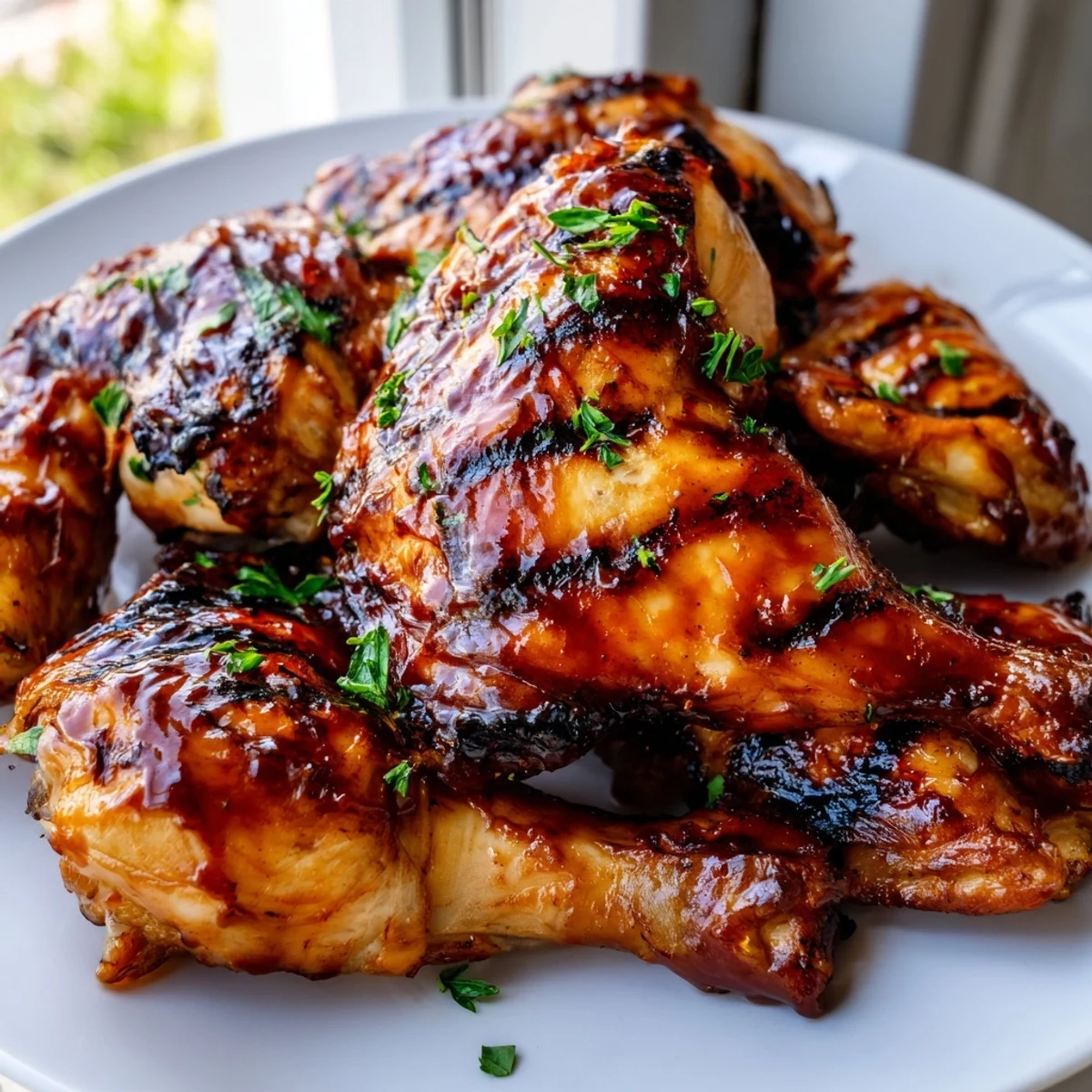 Smoky barbecue chicken with charred skin on a rustic wooden cutting board