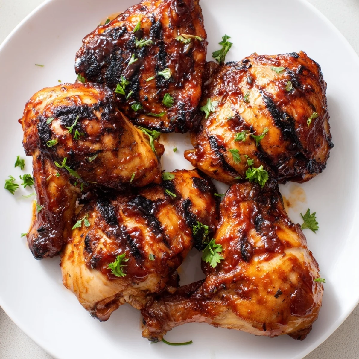 Juicy barbecue chicken pieces glistening with tangy sauce beside grilled corn
