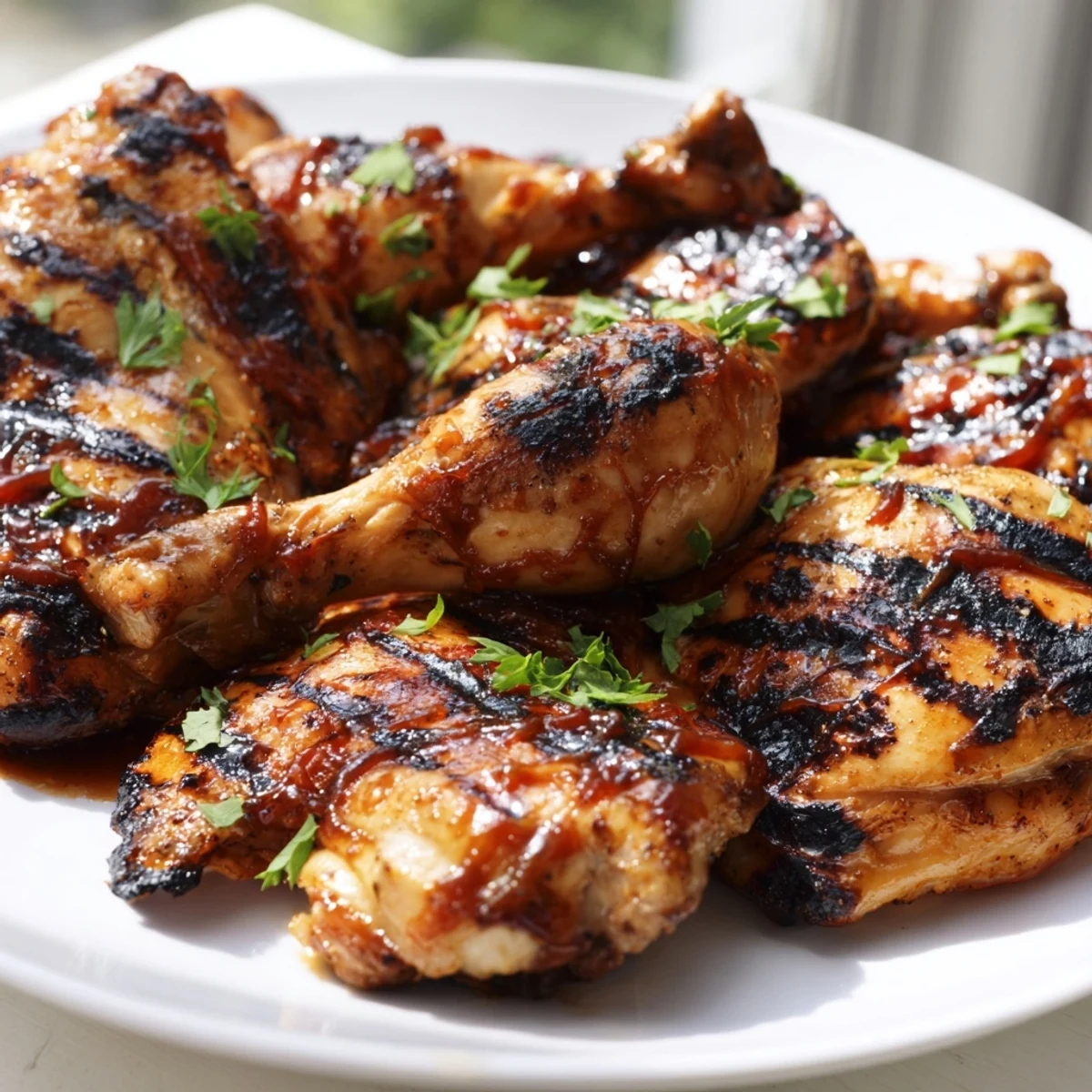 Caramelized barbecue chicken thighs and drumsticks served with fresh chopped parsley