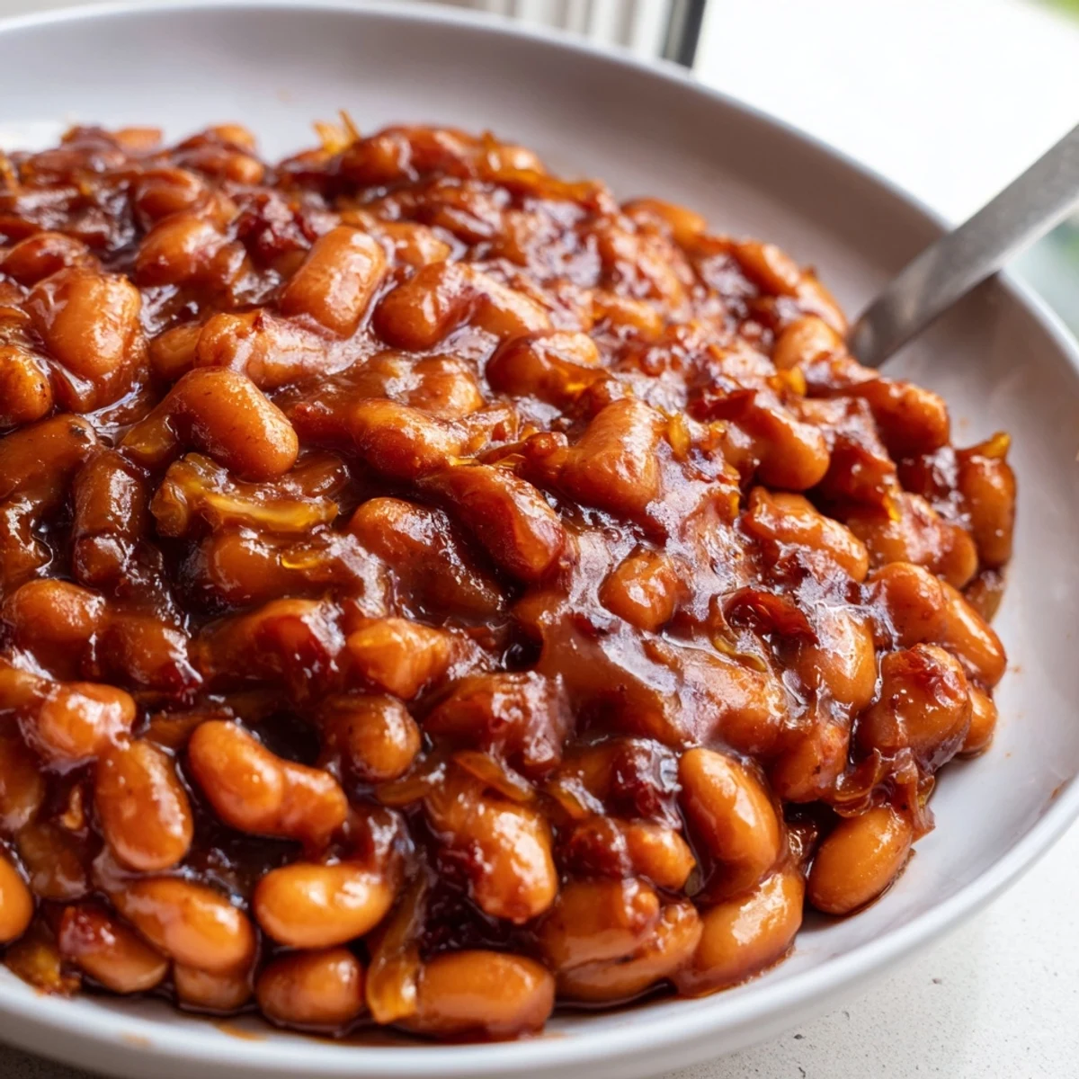 A bowl of Quick Barbecued Beans glistening with thick, tangy-sweet molasses sauce