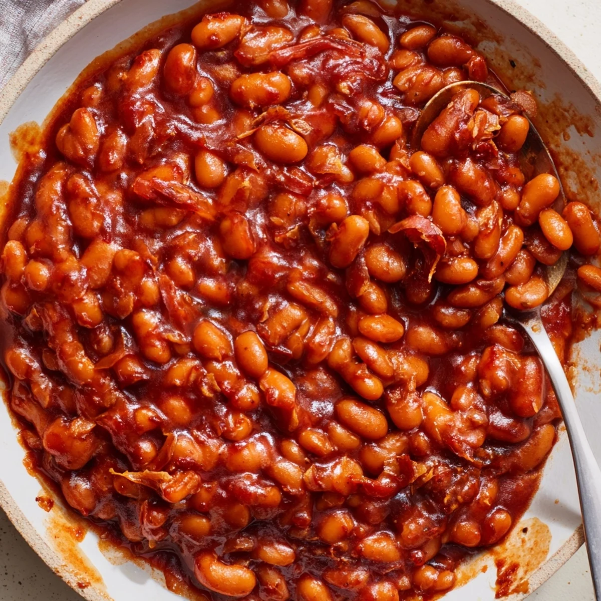 Quick Barbecued Beans bubbling in a dark, smoky ketchup-molasses barbecue glaze