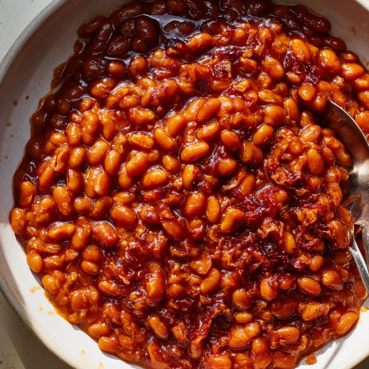 Spoonful of Quick Barbecued Beans coated in a rich, sticky-sweet smoked paprika sauce