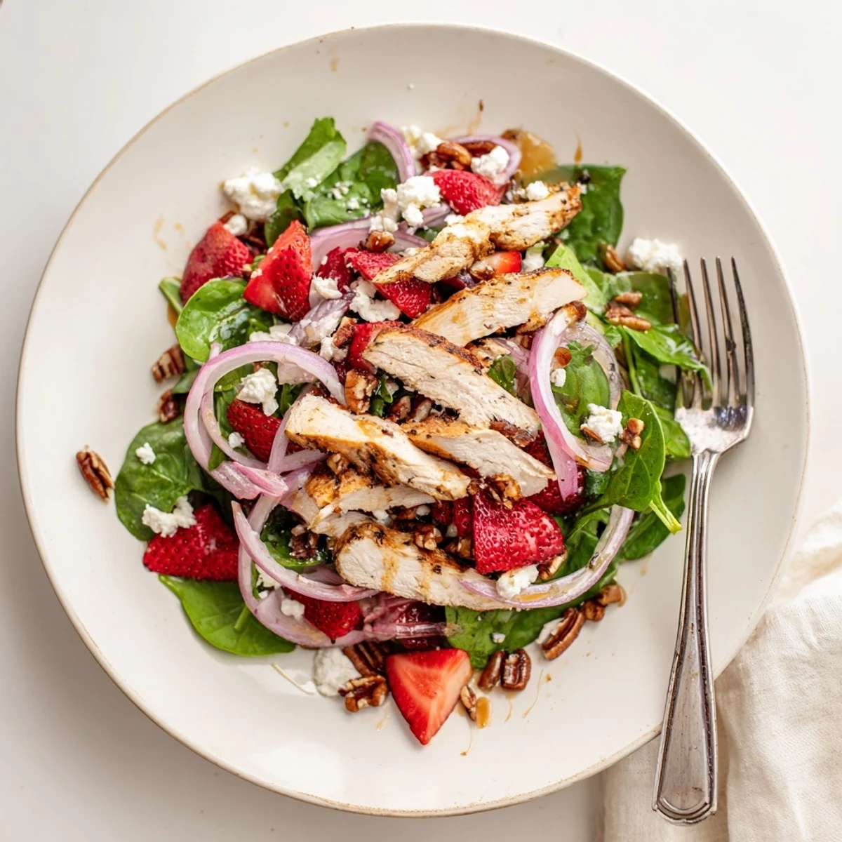 Juicy sliced chicken crowns a vibrant Strawberry Chicken Salad with ripe berries and feta.