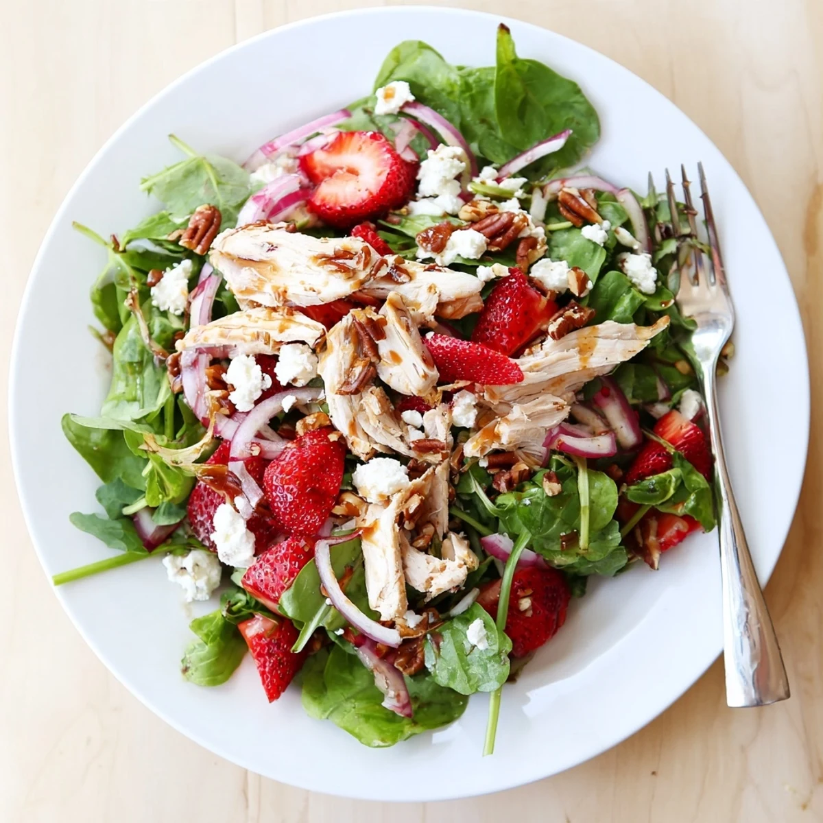Crispy greens and sweet strawberries fill this fresh Strawberry Chicken Salad drizzled with poppy seed dressing.