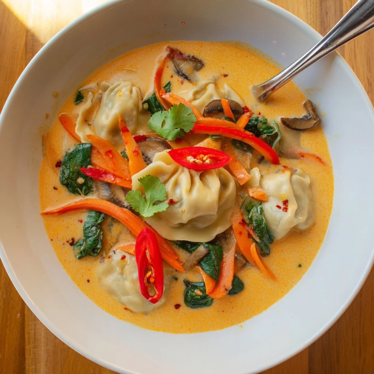 Steaming bowls of Creamy Thai Dumpling Soup topped with fresh cilantro and chili slices
