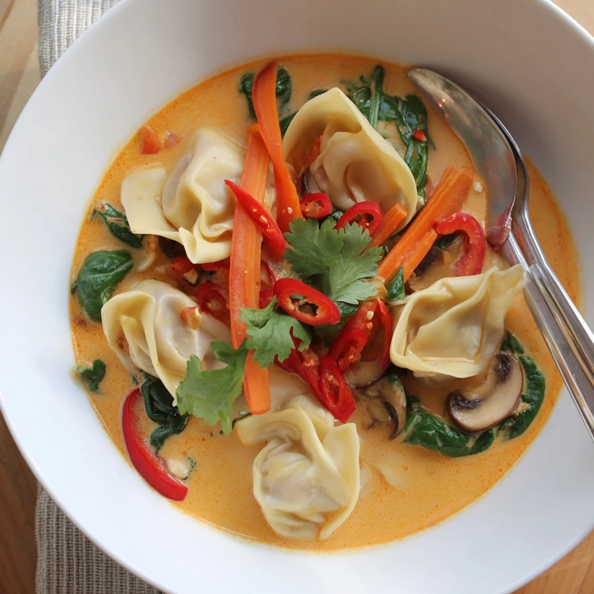 Golden coconut broth cradles tender dumplings in this soothing Creamy Thai Dumpling Soup