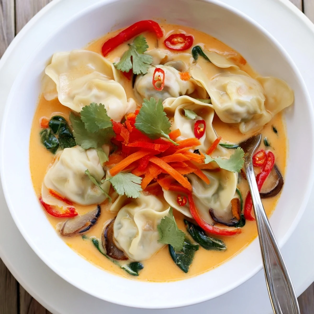 Creamy Thai Dumpling Soup with vibrant vegetables and plump wontons in aromatic curry broth