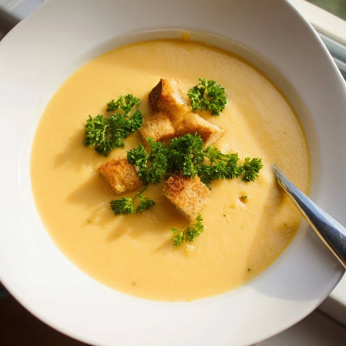 Creamy vegetable soup ladled into a rustic bowl with fresh parsley garnish
