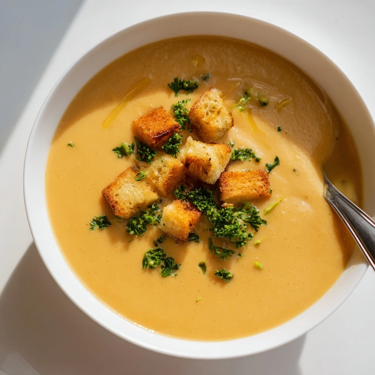 Velvety creamy vegetable soup topped with golden croutons in a cozy kitchen