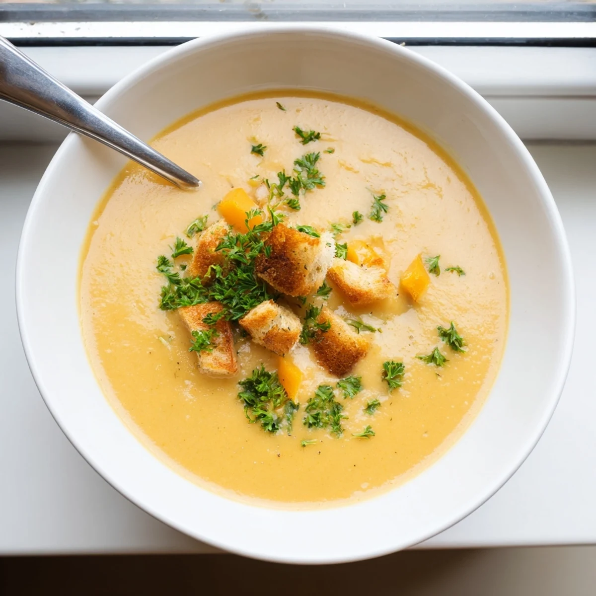 Steaming bowl of creamy vegetable soup with colorful diced carrots and broccoli