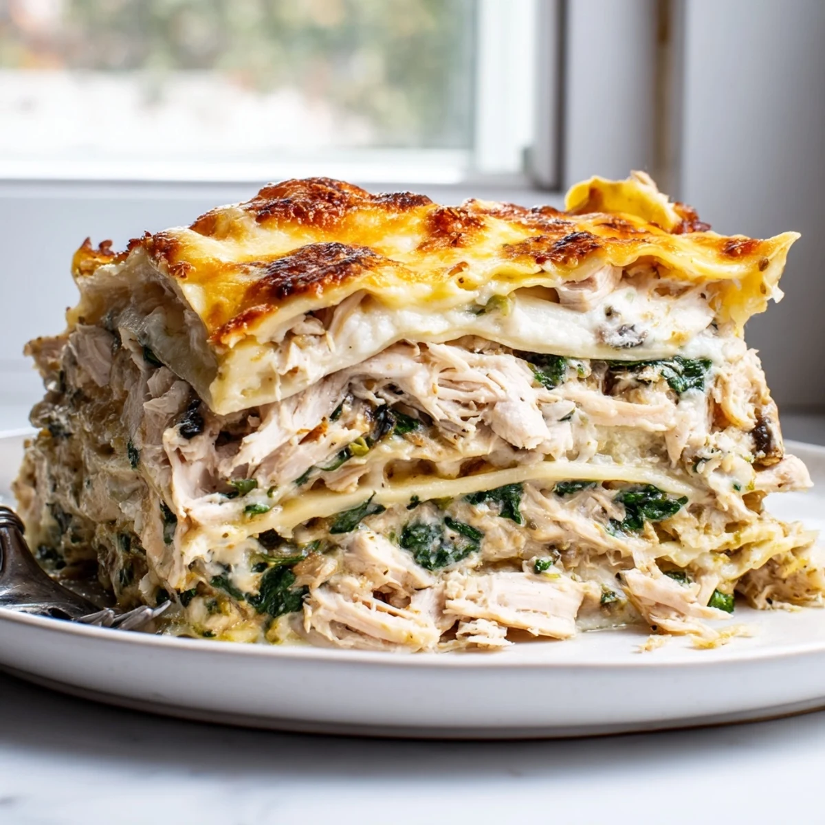 Creamy white chicken lasagna with golden bubbling cheese and tender spinach layers
