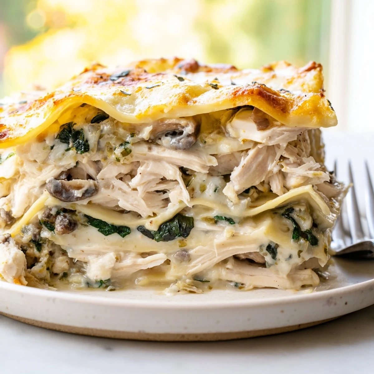 Golden baked white chicken lasagna sliced to reveal gooey ricotta and mushroom layers